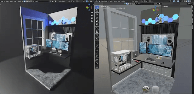 A Blender viewport and render of my home lab room design