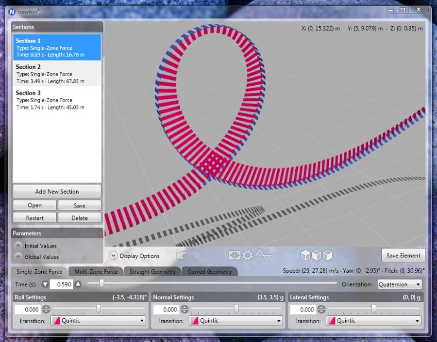 The Newton2 physics add-on analyzing a coaster design