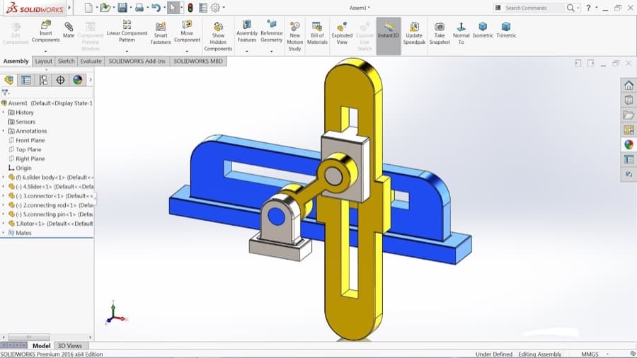 A slider-crank mechanism assembly in SolidWorks